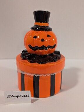 Halloween Pumpkin Trinket Box With Top Hat Orange Black Stripe Summerween 2026